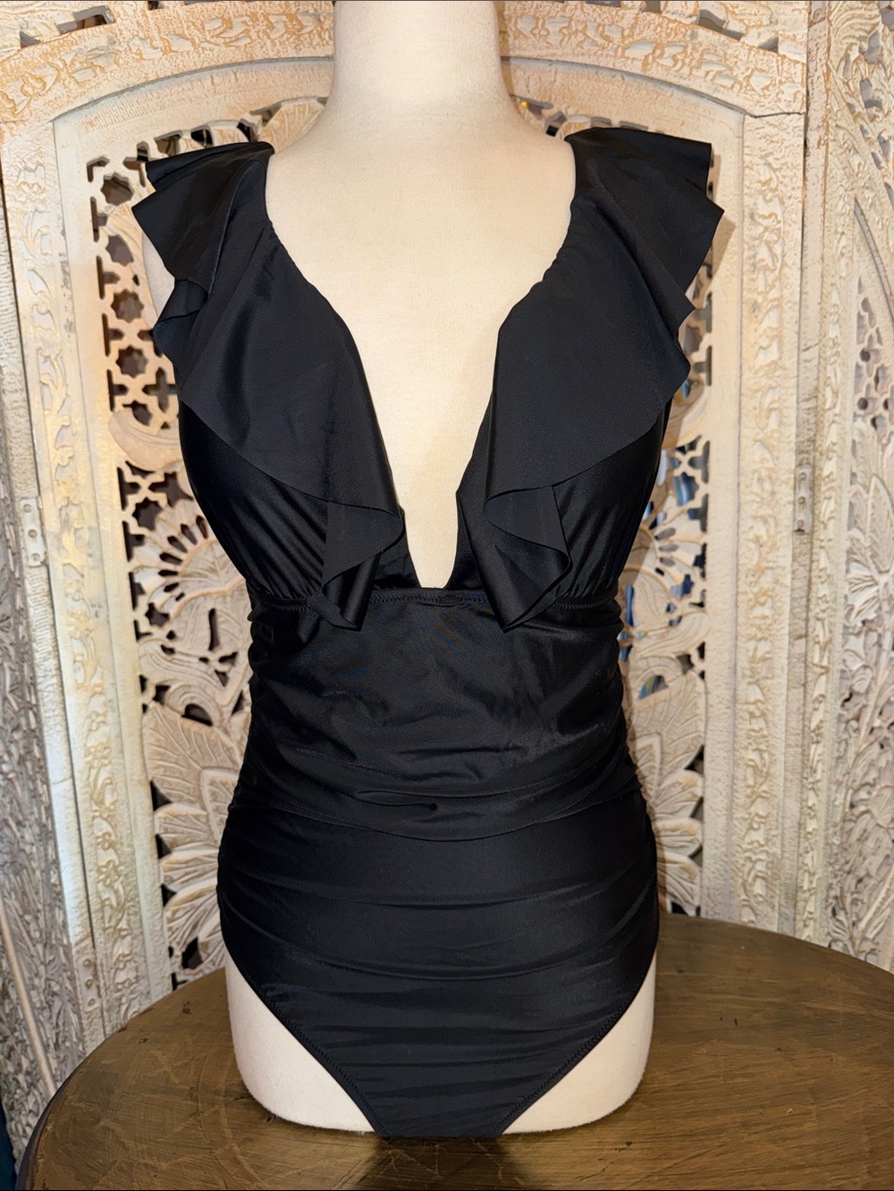 Ruffled Deep V One-Piece Swimsuit in Black